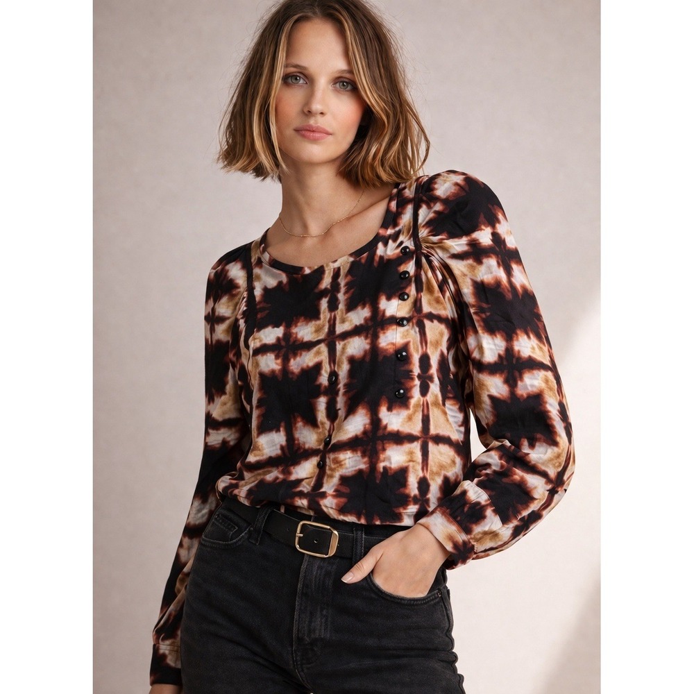 Munthe Tie Dye Blouse Asymmetrical Side Button Scoop Neck Size 36 Retail $385
